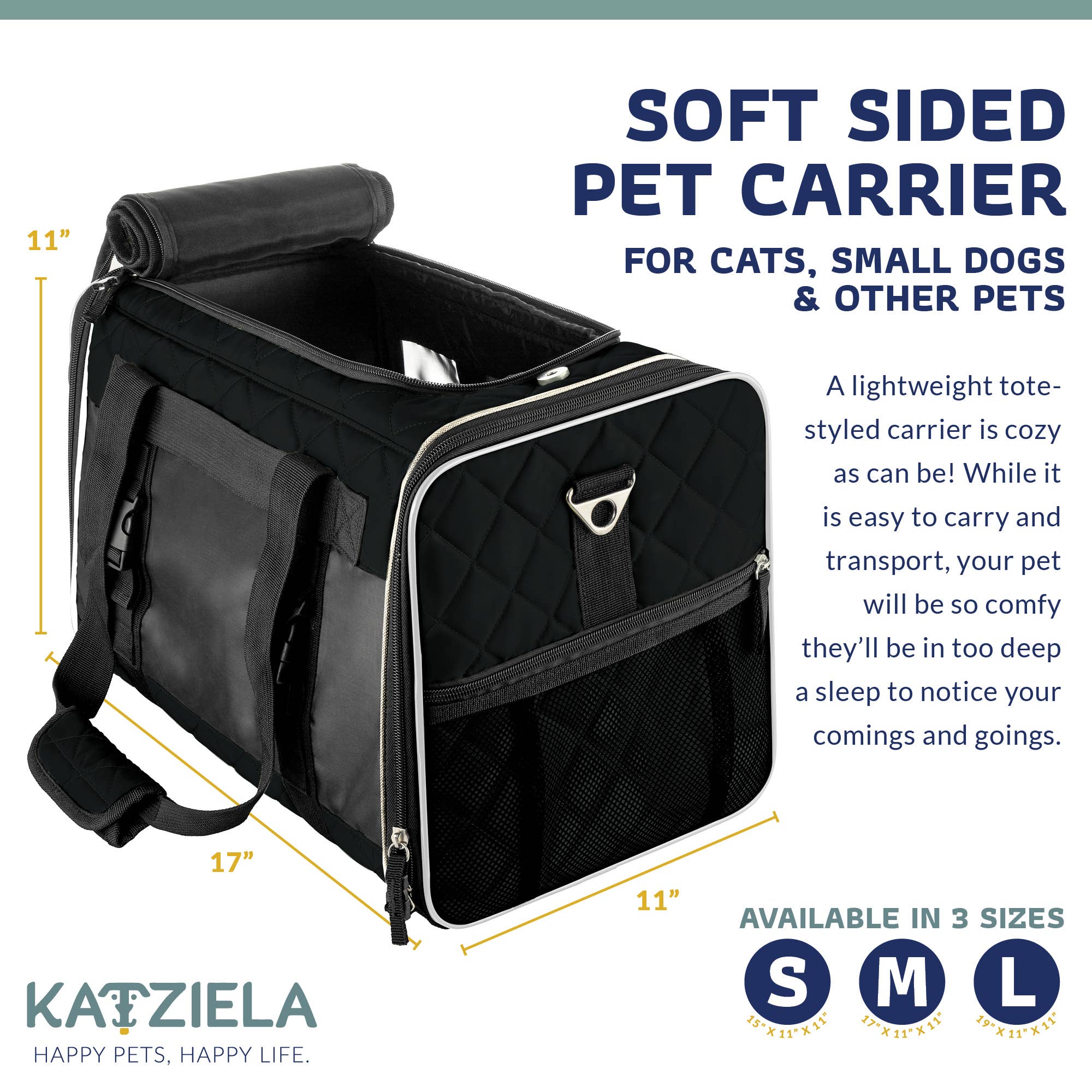 Katziela Airline Compliant Quilted Companion Cat & Dog Carrier - Black