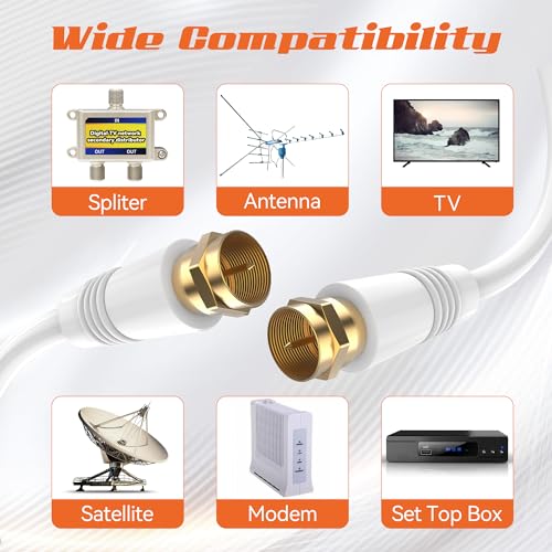 10FT RG6 Coaxial Cable, TV Coax Cable Cord Extender, Gold Plated Connectors, RG6 Compatible for Cable Modems, Cable Box, Digital Router, With F Connector and 90 Degree Angled Male to Female Adapter