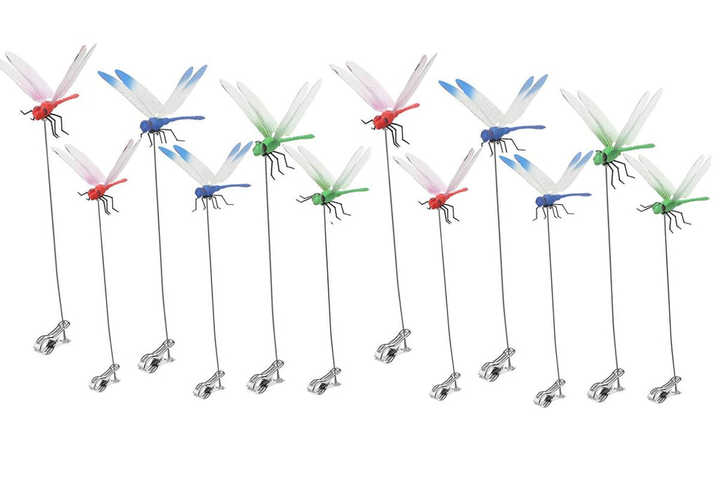 12 Pack Dragonfly Clip,3D Dragonfly Garden Stakes Decor,Fly Deterrent,Dragonfly Humming Bird Stakes,Deer and Horse,Bird and Fly Scare Devices for Indoor Outdoor Garden