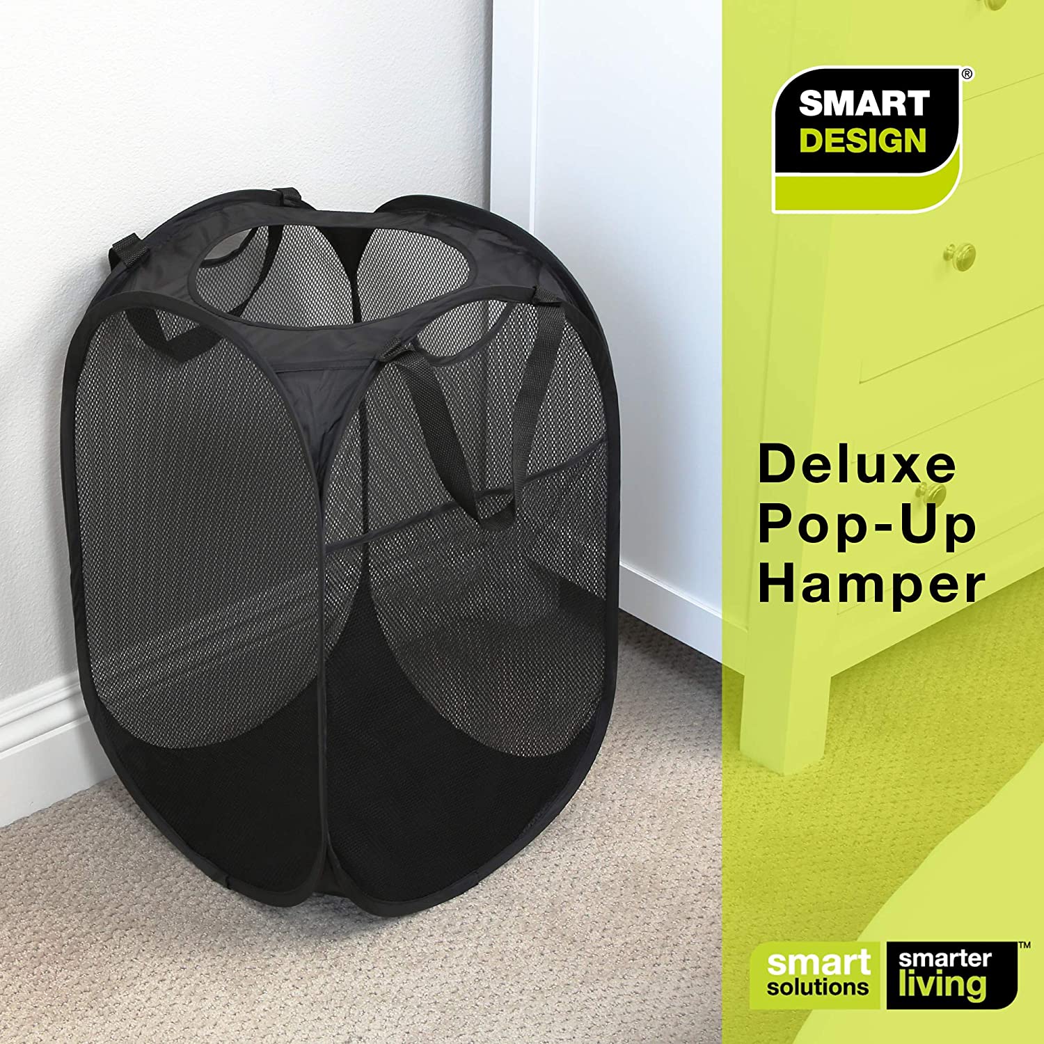 Deluxe Mesh Pop Up Square Laundry Hamper with Side Pocket and Handles - 14 Inch