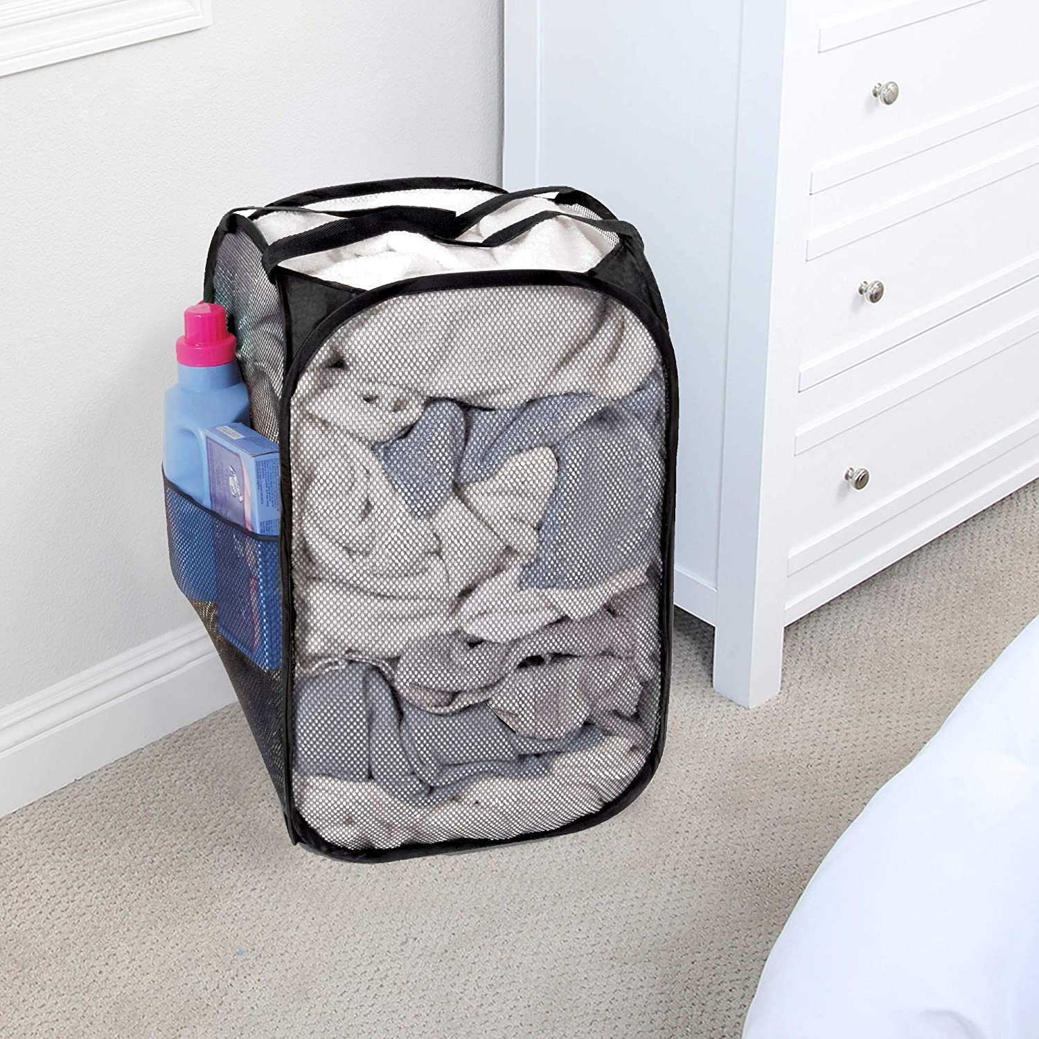 Deluxe Mesh Pop Up Square Laundry Hamper with Side Pocket and Handles - 14 Inch