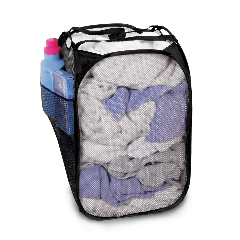 Deluxe Mesh Pop Up Square Laundry Hamper with Side Pocket and Handles - 14 Inch