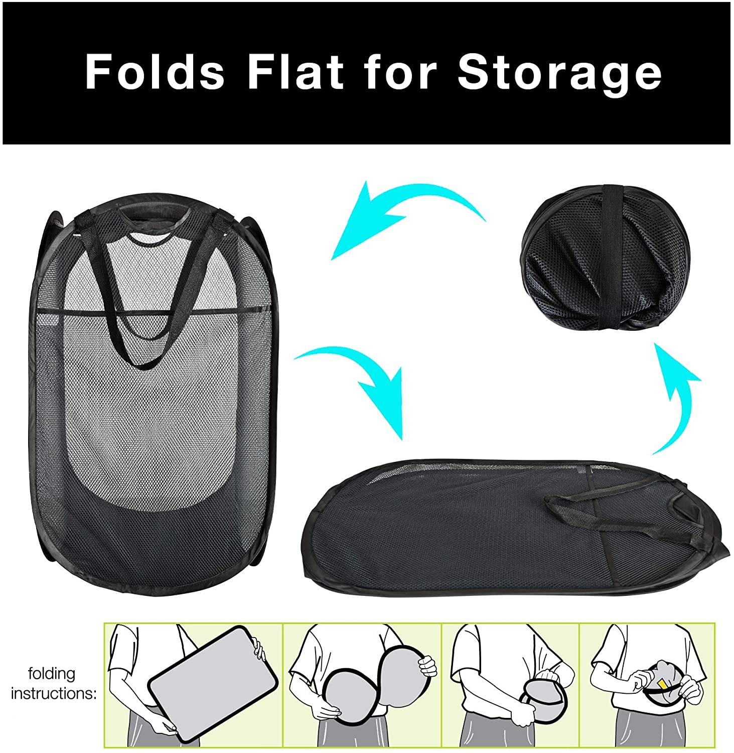 Deluxe Mesh Pop Up Square Laundry Hamper with Side Pocket and Handles - 14 Inch