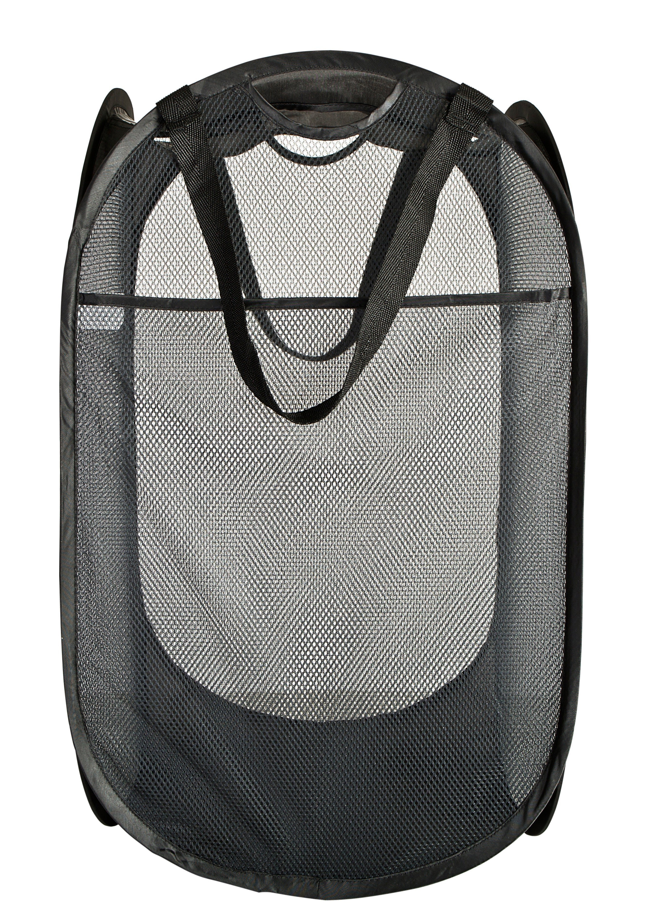 Deluxe Mesh Pop Up Square Laundry Hamper with Side Pocket and Handles - VentilAir Fabric - Collapsible Design - Holds 2 Loads - 14 x 23 Inch - Black