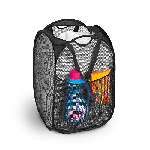 Deluxe Mesh Pop Up Square Laundry Hamper with Side Pocket and Handles - VentilAir Fabric - Collapsible Design - Holds 2 Loads - 14 x 23 Inch - Black