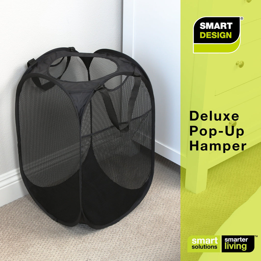 Deluxe Mesh Pop Up Square Laundry Hamper with Side Pocket and Handles - VentilAir Fabric - Collapsible Design - Holds 2 Loads - 14 x 23 Inch - Black