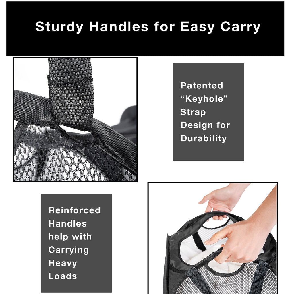 Deluxe Mesh Pop Up Square Laundry Hamper with Side Pocket and Handles - VentilAir Fabric - Collapsible Design - Holds 2 Loads - 14 x 23 Inch - Black