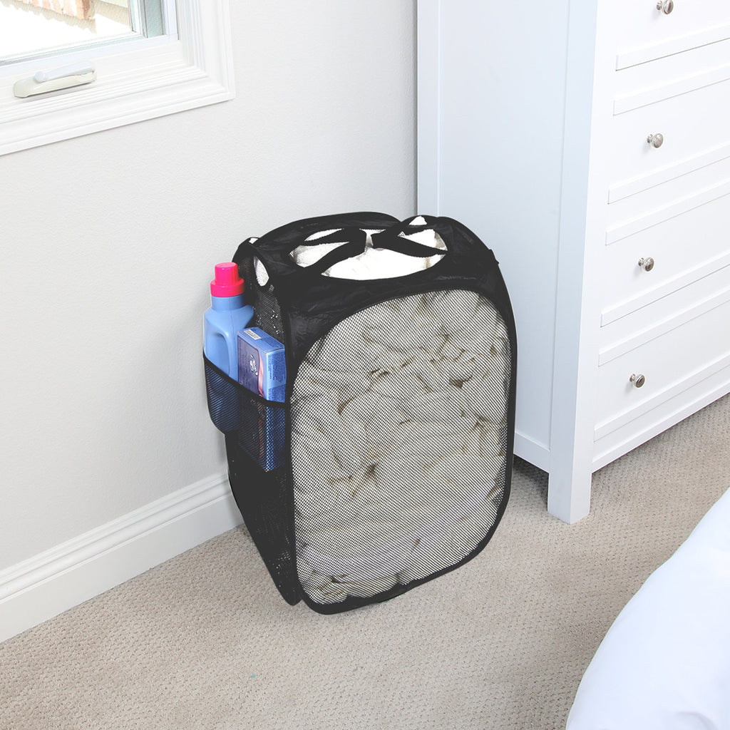Deluxe Mesh Pop Up Square Laundry Hamper with Side Pocket and Handles - VentilAir Fabric - Collapsible Design - Holds 2 Loads - 14 x 23 Inch - Black
