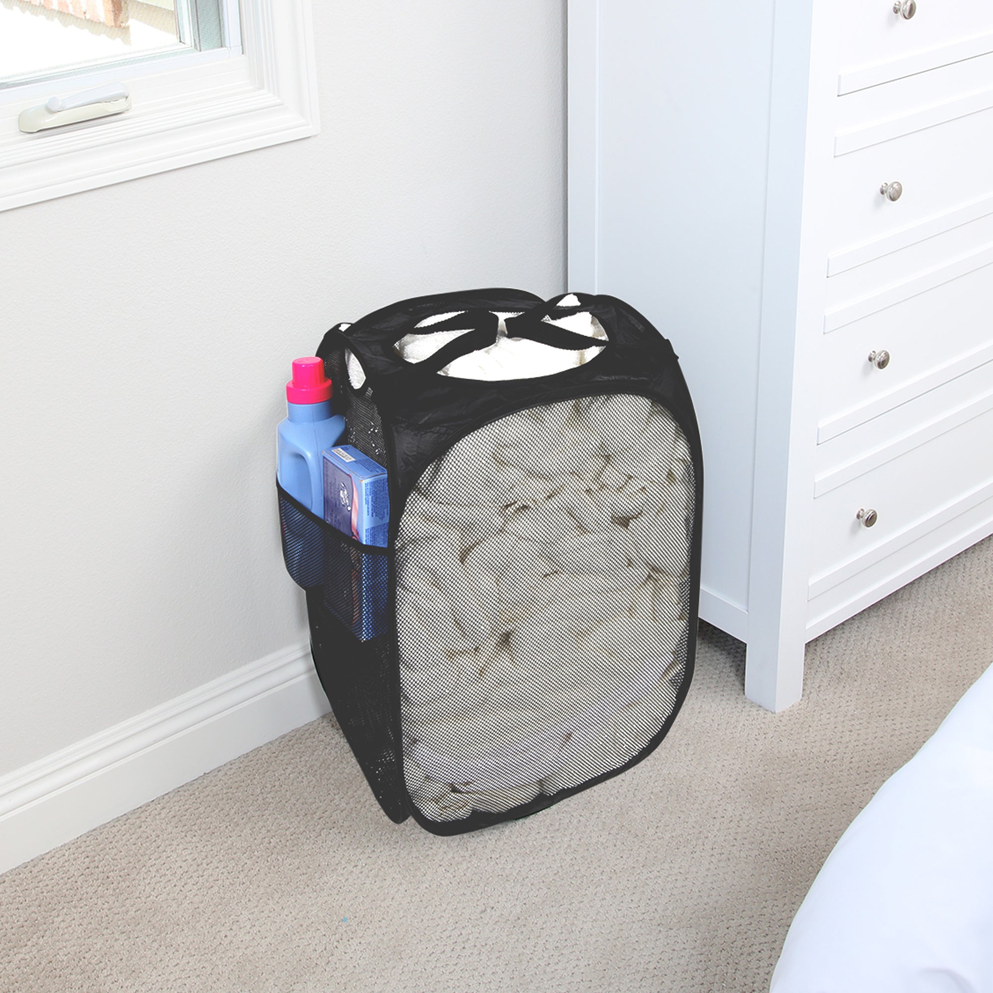 Deluxe Mesh Pop Up Square Laundry Hamper with Side Pocket and Handles - VentilAir Fabric - Collapsible Design - Holds 2 Loads - 14 x 23 Inch - Black