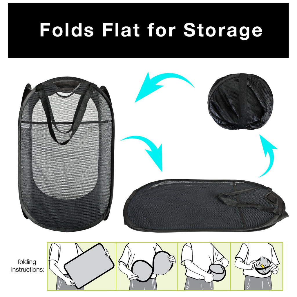 Deluxe Mesh Pop Up Square Laundry Hamper with Side Pocket and Handles - VentilAir Fabric - Collapsible Design - Holds 2 Loads - 14 x 23 Inch - Black