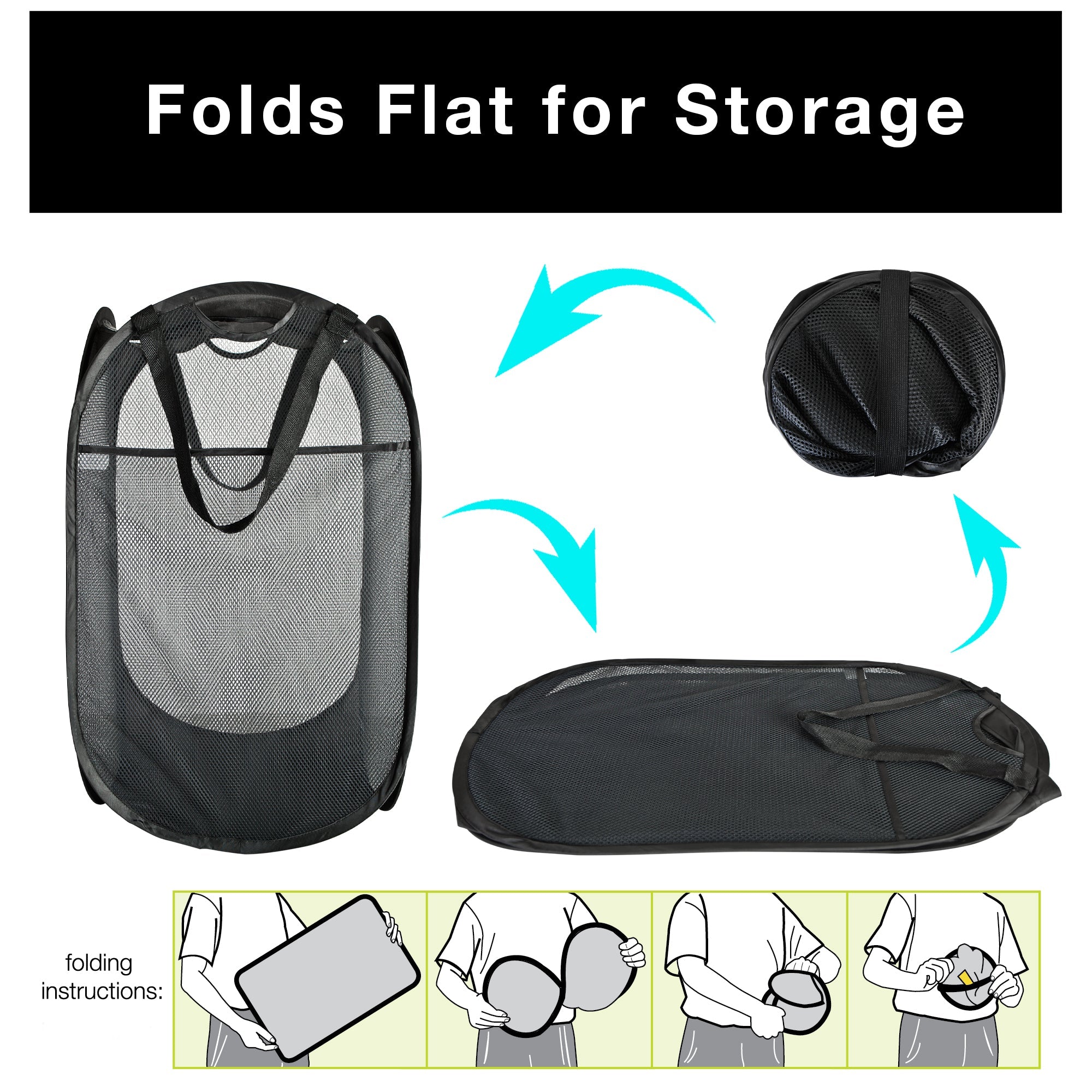 Deluxe Mesh Pop Up Square Laundry Hamper with Side Pocket and Handles - VentilAir Fabric - Collapsible Design - Holds 2 Loads - 14 x 23 Inch - Black