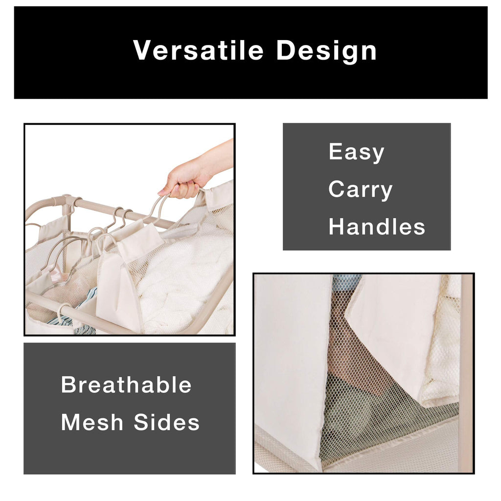 Deluxe Rolling Triple-Compartment Laundry Sorter Hamper with Wheels - 30 x 32 Inch - Beige