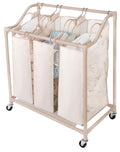 Deluxe Rolling Triple-Compartment Laundry Sorter Hamper with Wheels - 30 x 32 Inch - Beige