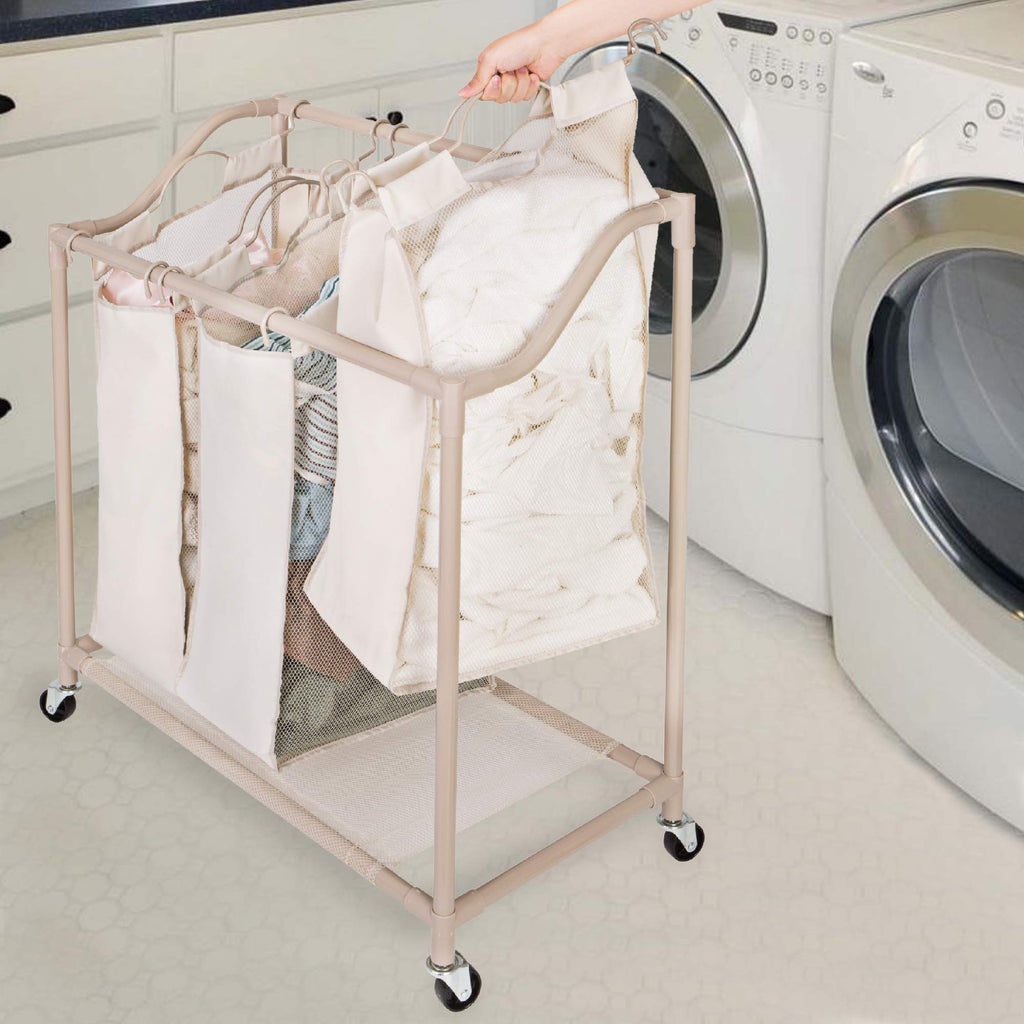 Deluxe Rolling Triple-Compartment Laundry Sorter Hamper with Wheels - 30 x 32 Inch - Beige