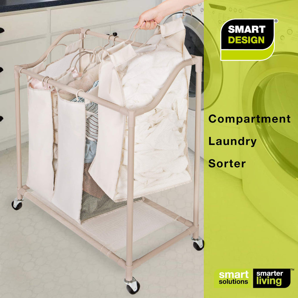 Deluxe Rolling Triple-Compartment Laundry Sorter Hamper with Wheels - 30 x 32 Inch - Beige