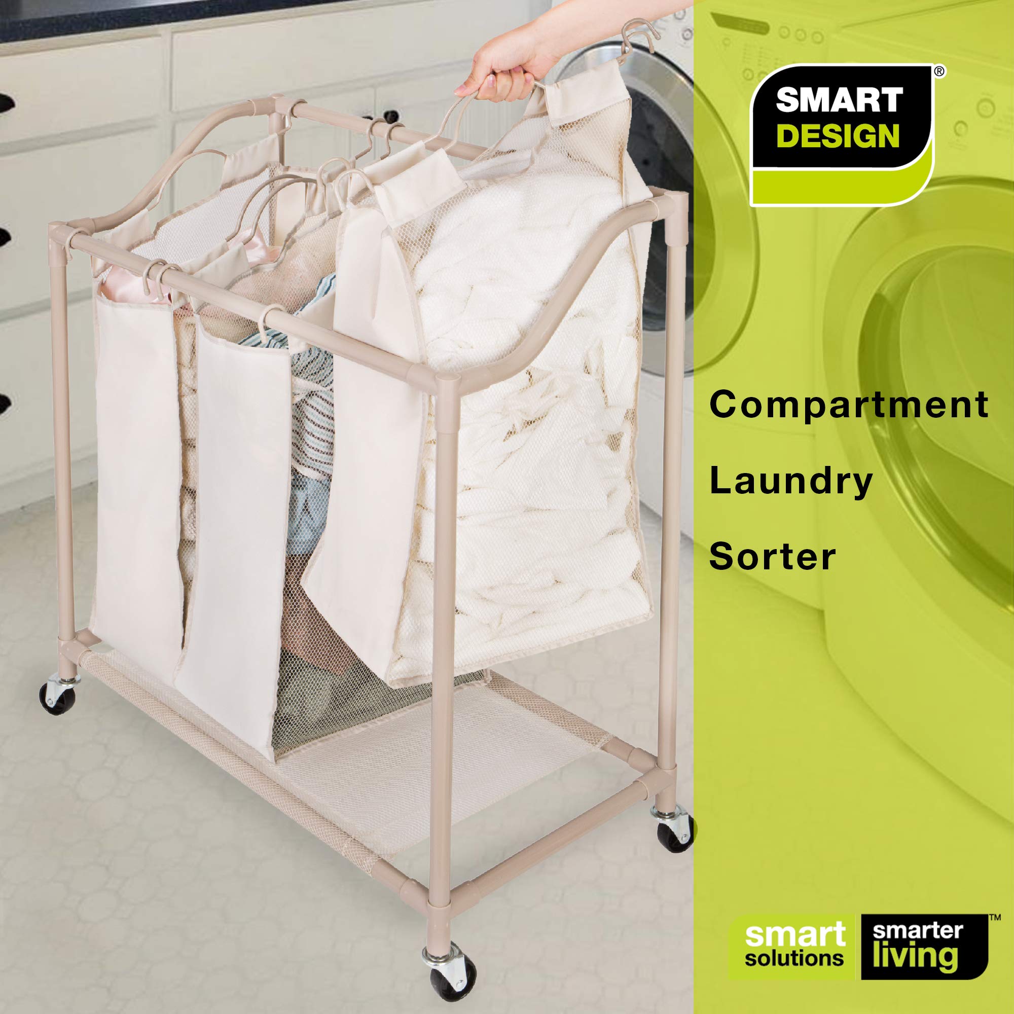 Deluxe Rolling Triple-Compartment Laundry Sorter Hamper with Wheels - 30 x 32 Inch - Beige