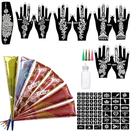 11 Sheets total 84 Tattoo Patterns, 6 Pcs 3 Color (Brown Black Maroon) Temporary Tattoo Kit, Tattoo Stencils Kit
