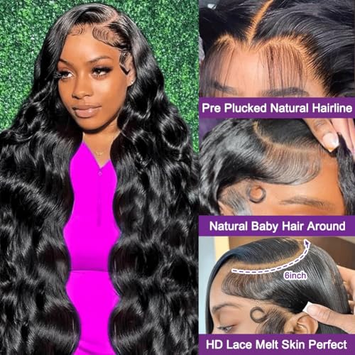 13x6 Lace Front Wigs Human Hair Pre Plucked 200 Density Body Wave HD Lace Frontal Wigs Human Hair for Women Glueless Wigs 100% Human Hair for Black Women with Baby Hair Natural Color 30 Inch