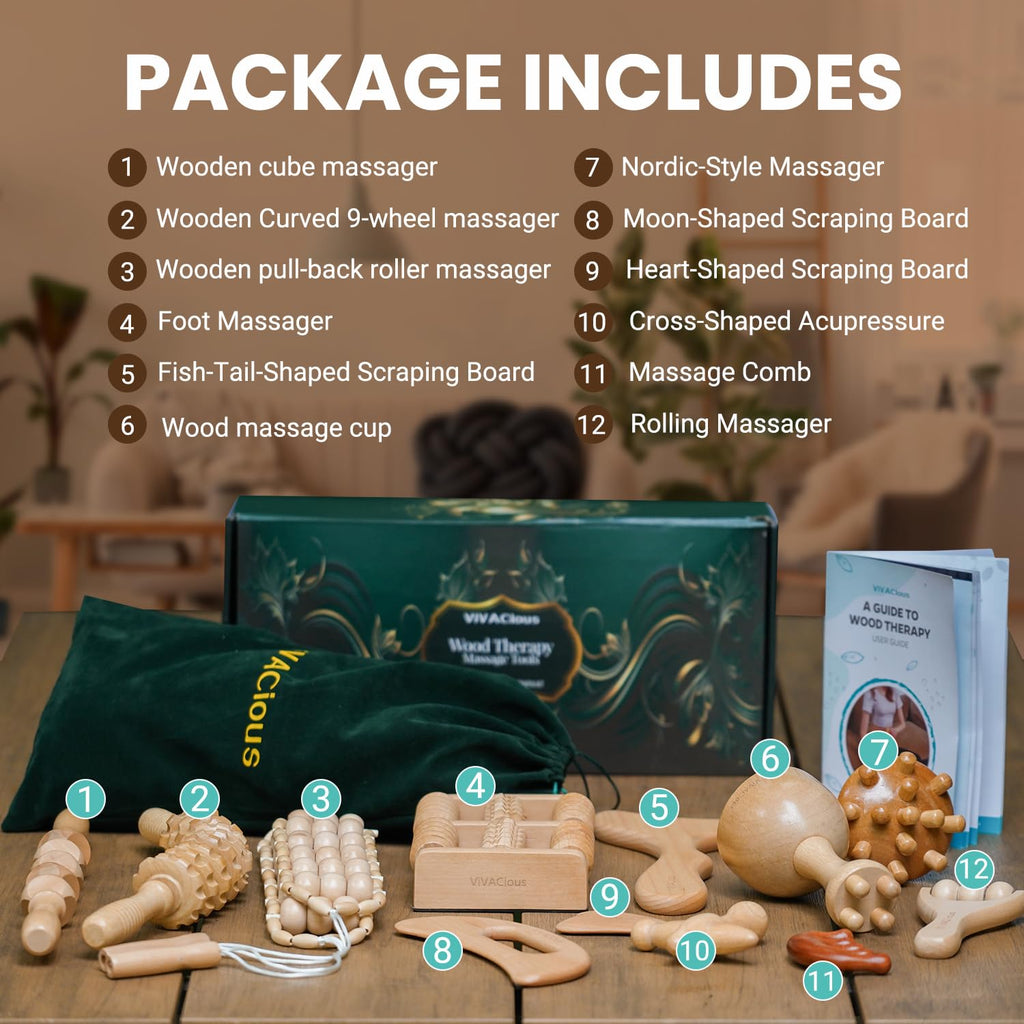 12-in-1 Wood Therapy Massage Tools Kit - Lymphatic Drainage Massager for Stomach, Thighs and HIPS | Maderoterapia Kit Professional for Muscle Pain Relief | Wooden Body Sculpting Tools | ViVACious