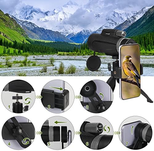 12x55 HD Monocular Telescope with Smartphone Holder, 2023 Waterproof Monocular, Lightweight Monocular for Bird Watching Hunting Camping Travel Star Watching (DarkBlack)