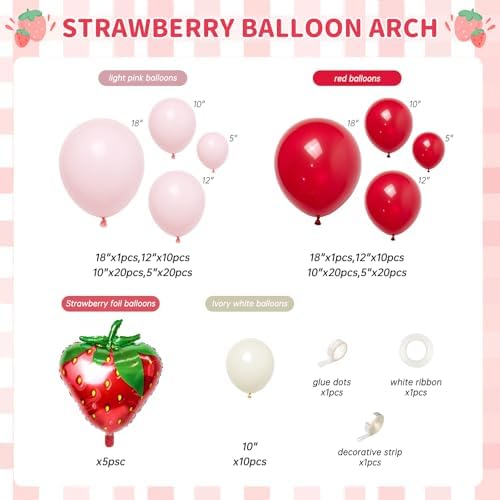 120pcs Strawberry Balloon Arch Garland Kit, Red and Pink Balloons with 27inch Strawberry Foil Balloons for Sweet One Berry First Birthday Baby Shower Strawberry Party Decorations