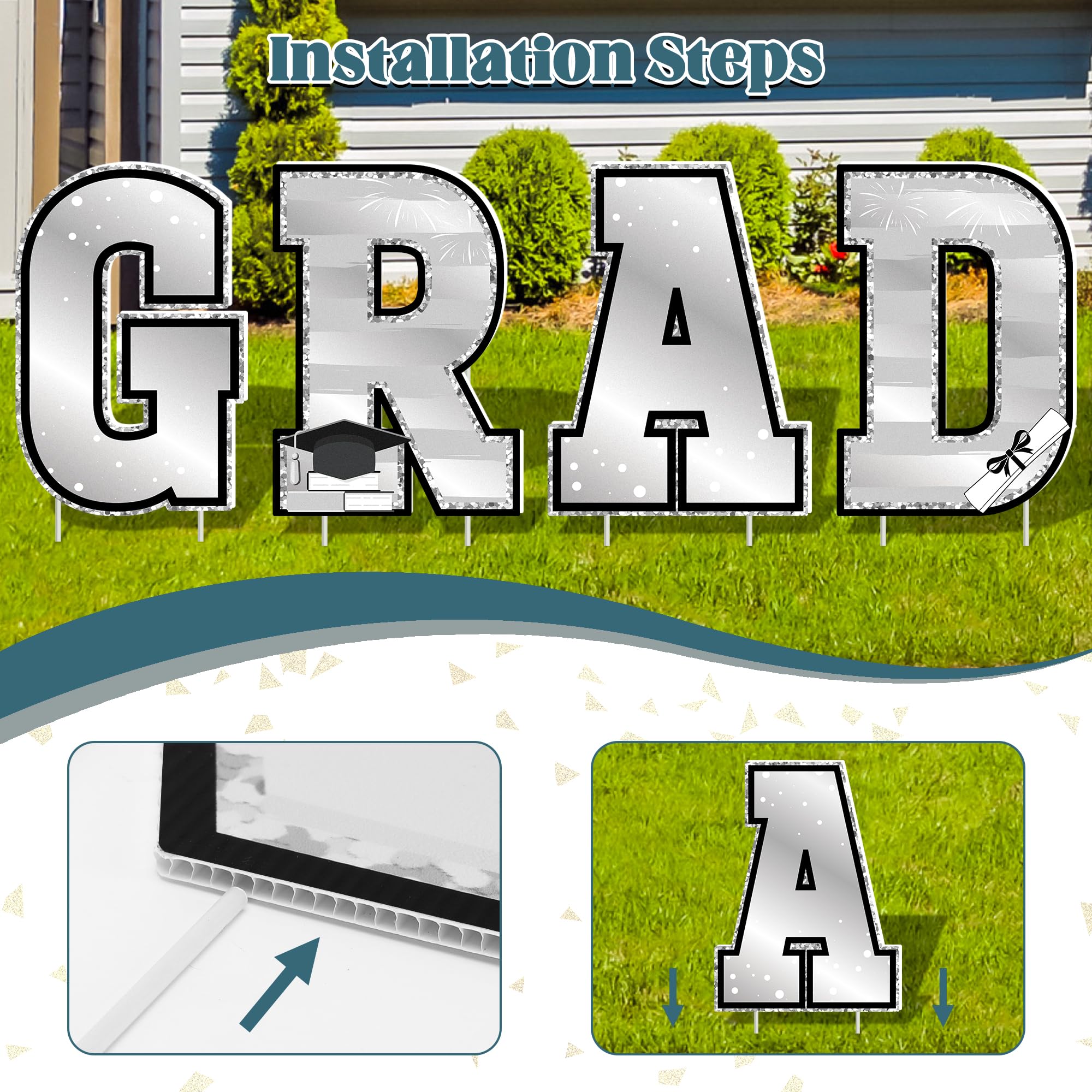 14 PCS Graduation Decorations, Silver Congrats Grad 2026 Lawn Stakes, Class of 2026 Graduation Yard Signs with Stakes, Weatherproof Graduation Outdoor Decor Set for College High School Grad Party