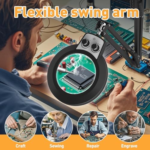 12X Magnifying Glass with Light and Stand, Infinite Color Modes & Stepless Brightness LED Magnifying Lamp with Clamp, 2-in-1 Hands Free Lighted Magnifier for Craft Reading Painting Hobby Close Work