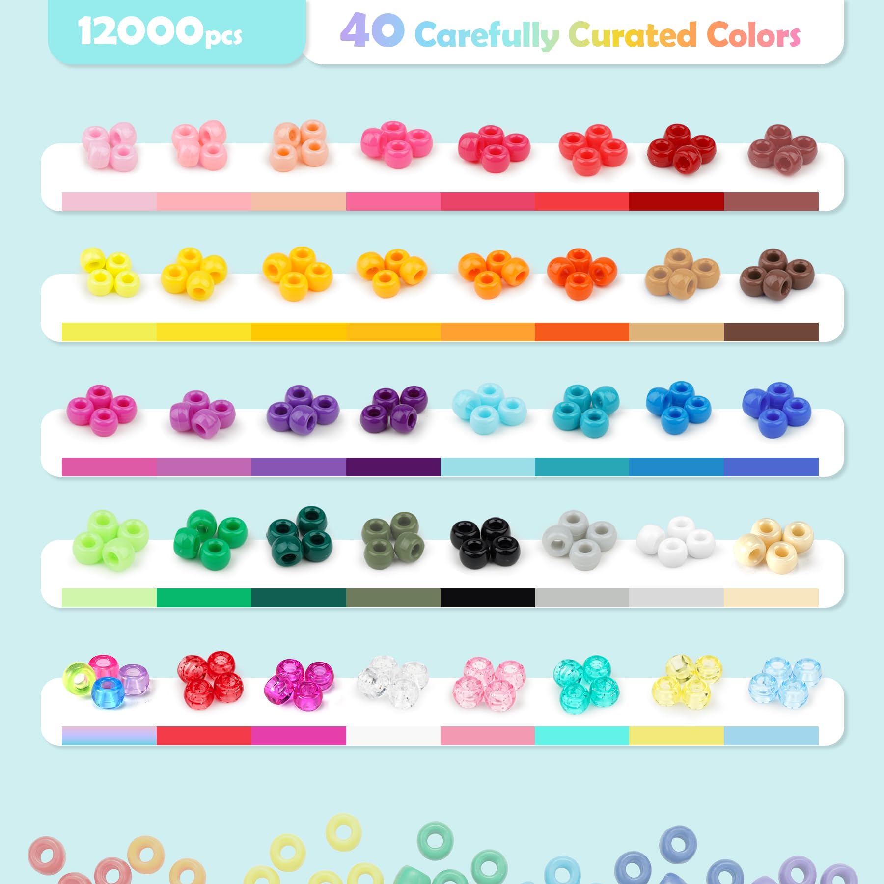 12000Pcs Pony Beads Kit, 40 Colors Rainbow Rave Kandi Beads for Bracelets Friendship with Neon Glow Beads Bulk for Hair Braiding DIY Jewelry Making Craft Kits (Shock Resistant Stackable Box, 9.2lb)