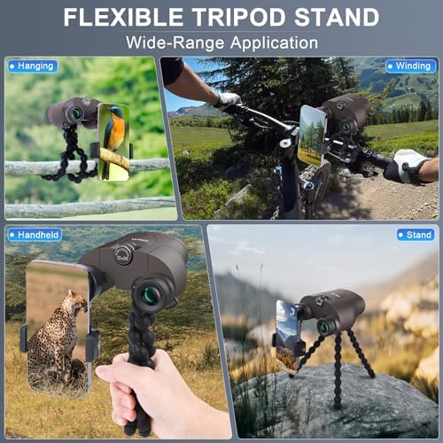 12x25 Ultra HD Binoculars for Adults with Phone Adapter and Flexible Tripod, Edge-to-Edge Sharpness Binoculars with Wide Angle Field of View, Smart Focus Compact Binoculars for Bird Watching -Grey