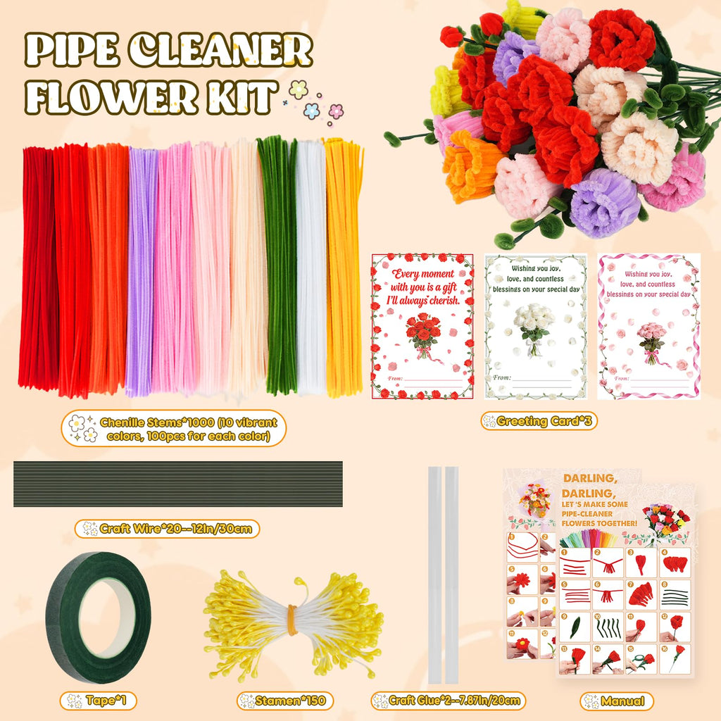 1000PCS Pipe Cleaners Flower Kit, Pipe Cleaner Bulk Craft Flower Making Kit with Instruction, 8 Colors Thick Chenille Stems for Arts DIY Craft Supplies with Greeting Card, Floral Wires, Tape, Stamen