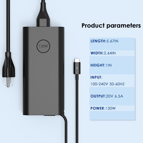 130W USB C Laptop Charger for Dell Precision 3580 3590 5680 3581 3480 5480 3550 3561 3571 Dell Inspiron 16 Plus 7630 7440 7620 7640 2in1 P127f MW1G8 Mobile Workstations Power AC Adapter