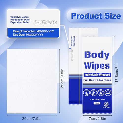 100Pcs Disposable Body Wipes, 7.8 x 9.8 inch Individually Wrapped Bath Wipes for Women Men in Bulk, No Rinse-Free Large Body Bath Shower Wipes for Home Travel Hotel Outdoors Camping After Gym (Blue)