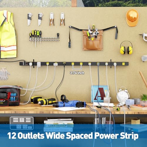 12 Outlet Long Power Strips Heavy Duty Garage Workshop Multi Wide Industrial Power Strip Surge Protector with 4ft Cord, ETL Certified, 1875W, Black