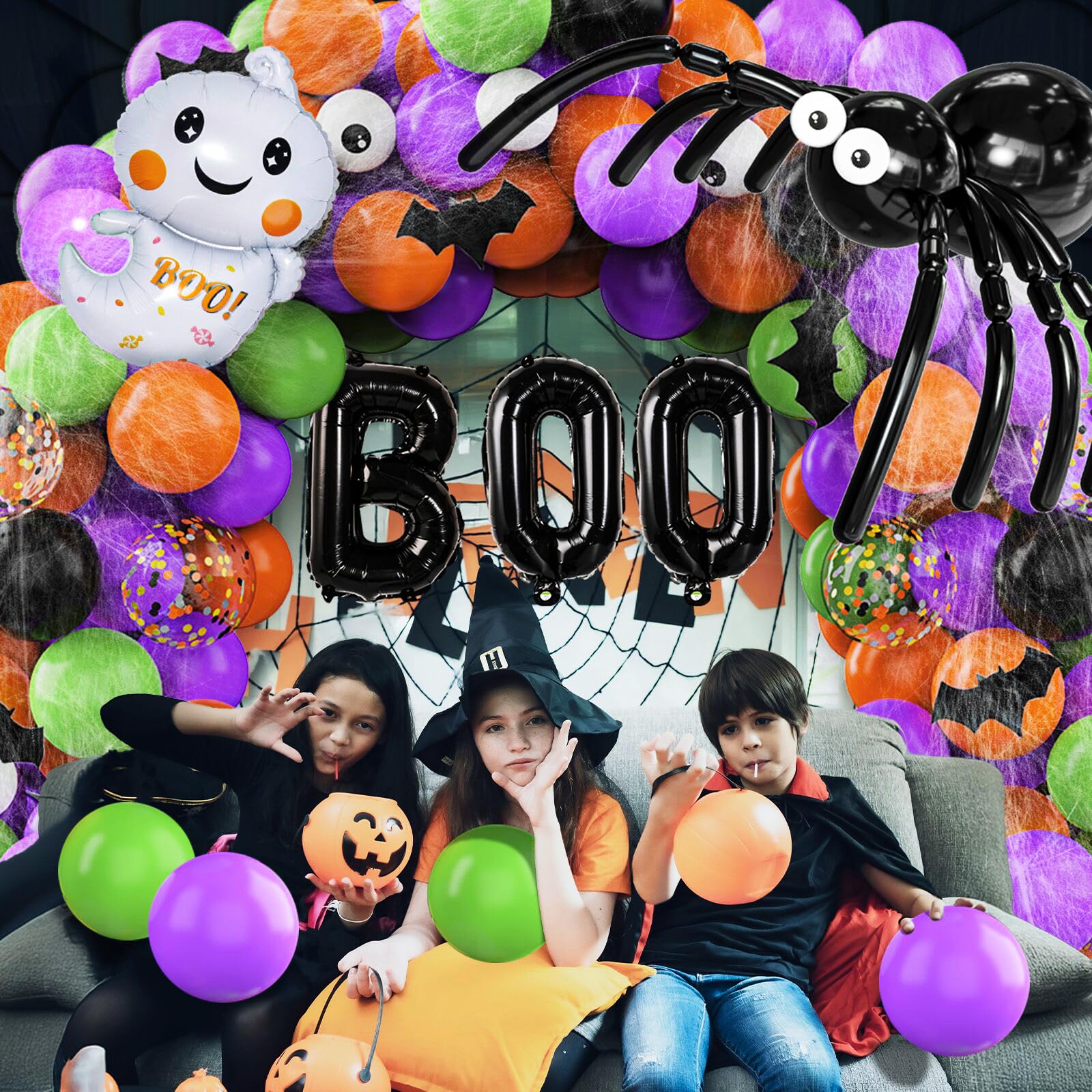 114 Pcs Halloween Balloons Garland Arch Kit, Orange Black Purple Latex Party Balloons Set with Pumpkin Spider Bat Tree Man BOO Foil Balloons and Confetti Balloons for Halloween Party Decorations