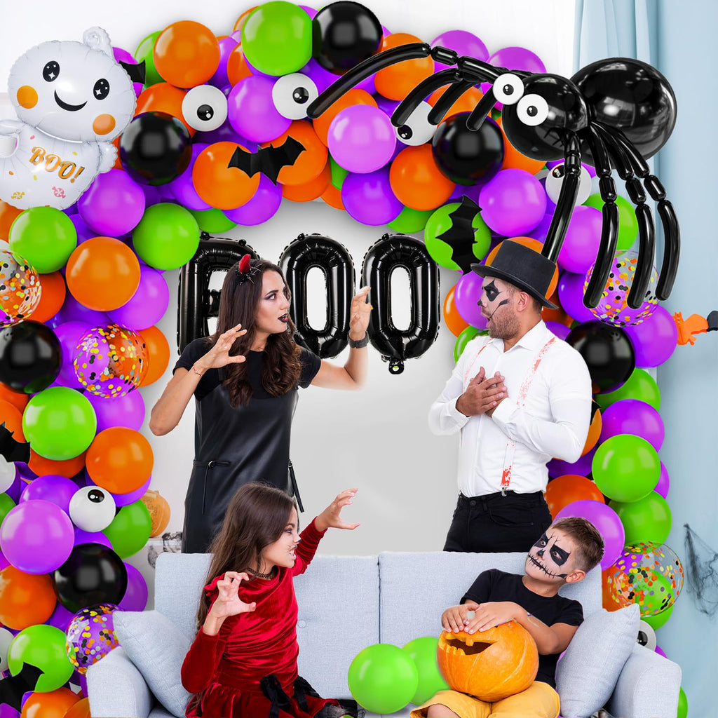 114 Pcs Halloween Balloons Garland Arch Kit, Orange Black Purple Latex Party Balloons Set with Pumpkin Spider Bat Tree Man BOO Foil Balloons and Confetti Balloons for Halloween Party Decorations