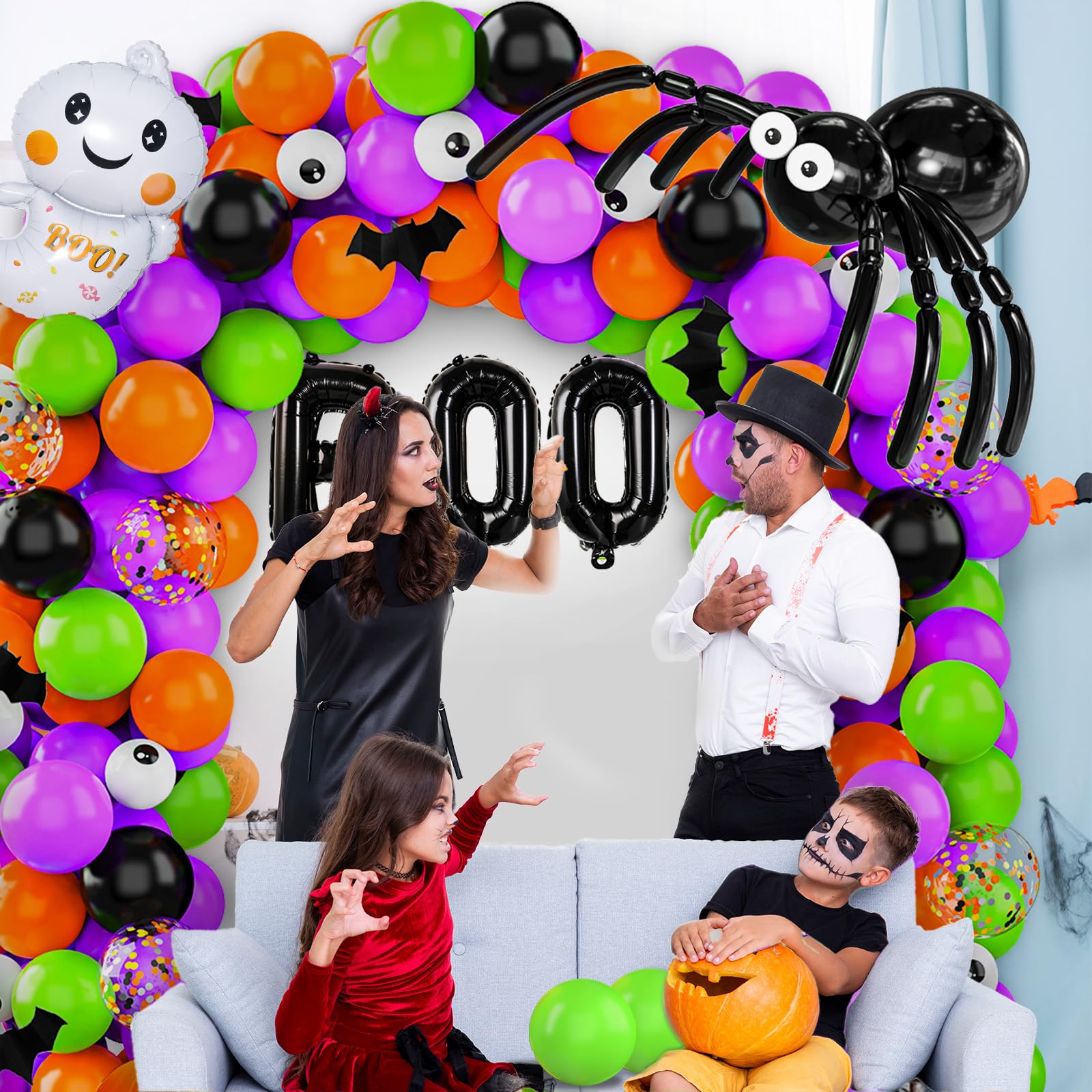 114 Pcs Halloween Balloons Garland Arch Kit, Orange Black Purple Latex Party Balloons Set with Pumpkin Spider Bat Tree Man BOO Foil Balloons and Confetti Balloons for Halloween Party Decorations