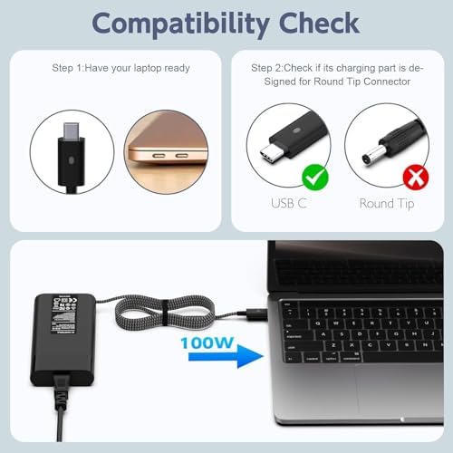 100W USB C Laptop Charger, Dell Latitude 5420 5520 7420 5400 7300 7275 7280 7200 2-in-1 7285 2-in-1 3120 3300 3301 9410 9420 XPS 9250 9Q23 9300 9305 9550 9560 Power Supply Adapter