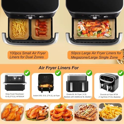 150PCS Air Fryer Liners for Ninja Foodi DZ071 7QT DualZone Air Fryer & Instant VersaZone 9QT Air Fryer, 100pcs Small Parchment Paper Liners for 3.5QT Zone & 50pcs Large Liners for 7QT/11-QT MegaZone