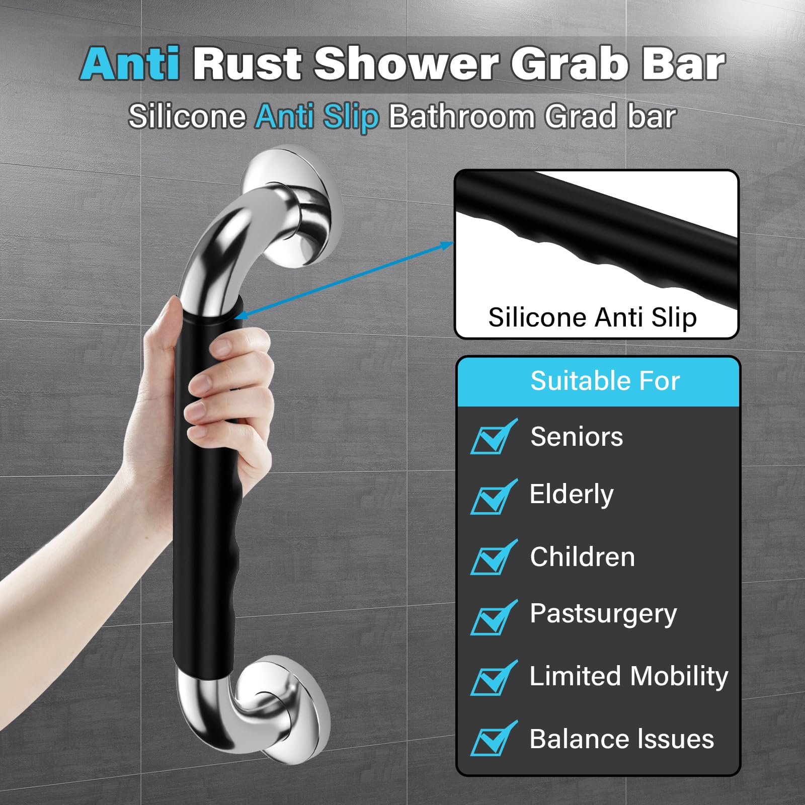 12 Inch Grab Bars for Bathtubs and Showers, Anti Slip Handicap Grab Bars for Shower, Safety Bath & Toilet Rail for Elderly Senior, Shower Handle Disability Assist Bathroom Handrail