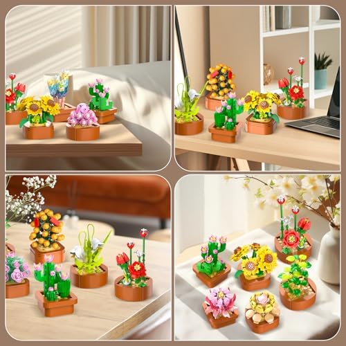 12 Flowers Succulents 3.6MM Mini Building Set - 1403PCS Flower Botanical Collection for Office Home Décor Plant Building Blocks Toy, Gifts for Valentine Mother's Day Birthday Adults Women Kids 10+