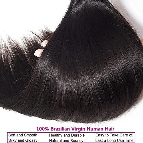 10A Brazilian Straight Human Hair 3 Bundles with Closure 12 14 16+10 Inch Straight Bundles with Closure 100% Unprocessed Straight Virgin Hair Weave Bundles Human Hair with Closure HD Lace