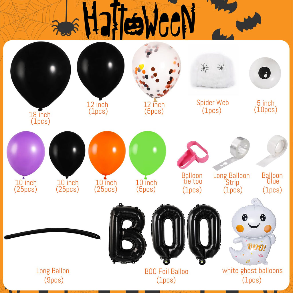 114 Pcs Halloween Balloons Garland Arch Kit, Orange Black Purple Latex Party Balloons Set with Pumpkin Spider Bat Tree Man BOO Foil Balloons and Confetti Balloons for Halloween Party Decorations