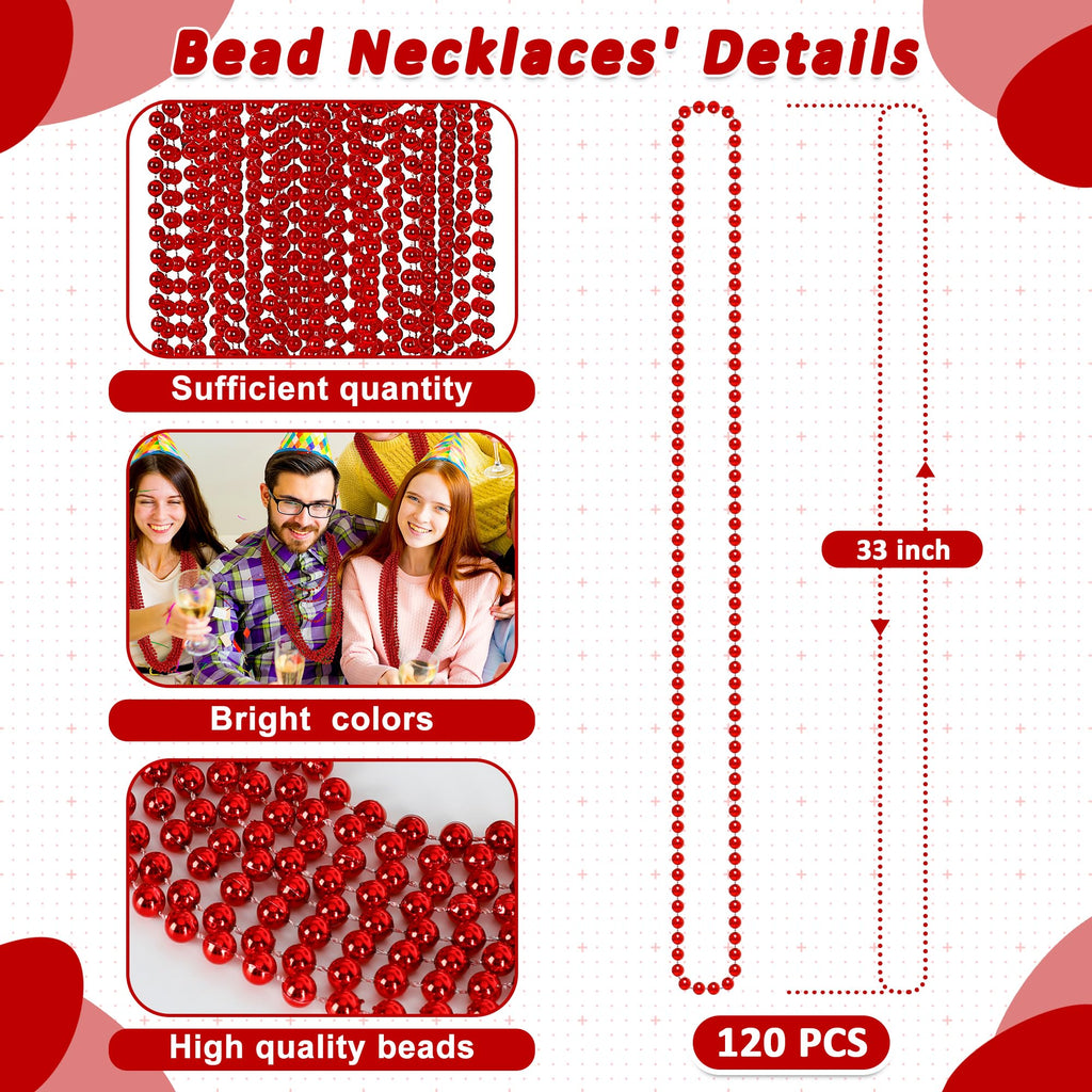 120PCS Bead Necklace, Red Mardi Gras Beads, 33 IN Mardi Gras Accessories, Party Costume Beads Parade Throws Bulk for Christmas Pirate Baby Shower Wedding Party Favors Supplies Decoration