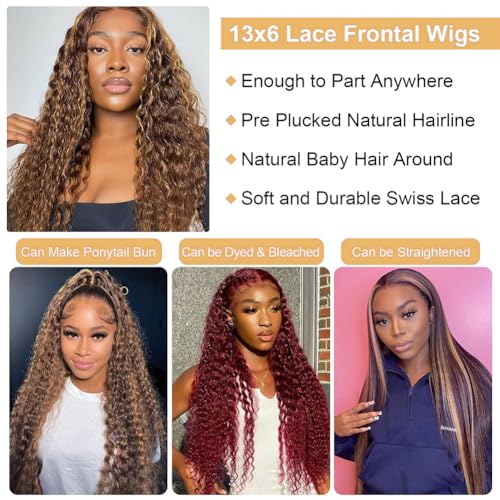 13x6 Highlight Lace Front Wig Human Hair 4/27 Ombre Deep Wave Lace Front Wig Human Hair Pre Plucked With Baby Hair 180% Density Honey Blonde Curly Human Hair Glueless Wigs for Women (28 inch)