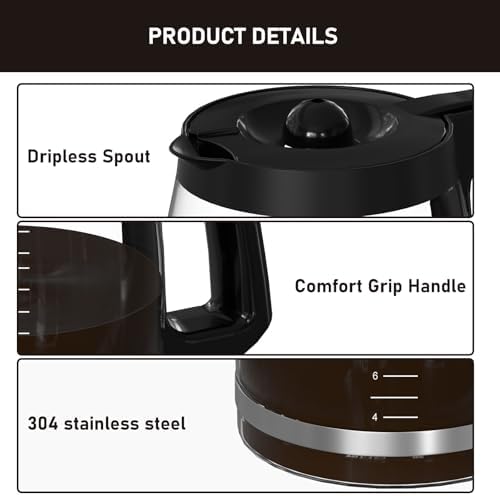 12-Cup Replacement Glass Carafe Pot Compatible with Hamilton Beach Coffee Maker Models 46310, 49980R, 49976, 49966, 49350, 49957, 49954, 49933, 49980A, 49983, 49618, 46300, 49950, Black