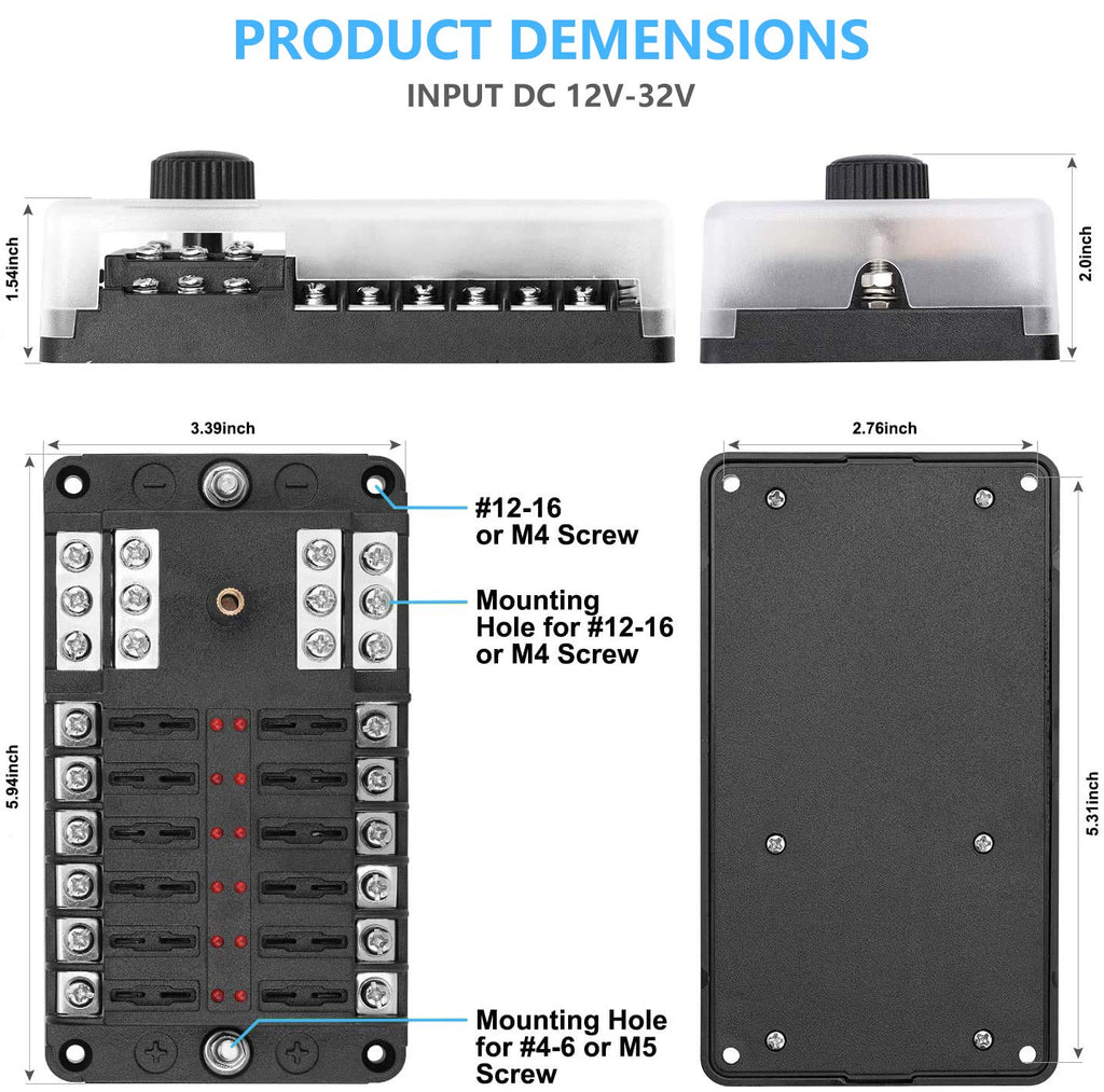 12 Way 12V Fuse Box 12Volt Blade Fuse Block Holder, 12 Circuit W/Negative Bus Waterproof Fuse Box with LED Indicator for 12V/24V Automotive Golf Cart Truck Car Boat Marine RV Van Vehicle