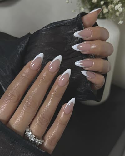 120Pcs White French Tip Press on Nails Almond Shape Fake Nails, Full Cover Glossy Nude False Nails Acrylic Glue on Nails with 5 Sheets Adhesive Tabs for Women Girls Finger Nails Design