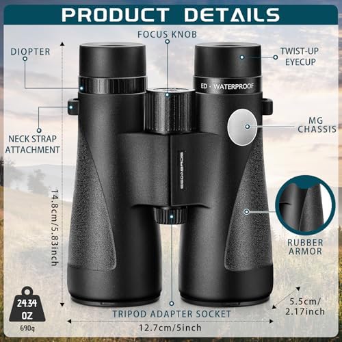 12×50 UHD Binoculars for Adults High Powered with ED Glass- Large View Binoculars with Clear Low Light Vision - Lightweight Waterproof Binoculars for Bird Watching Hunting Stargazing