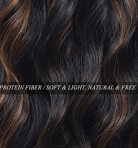 14 Inch Black Mixed Brown Highlights Wigs for Women Short Wavy Curly Wig With Bangs Natural Looking Synthetic Hair Wigs Heat Resistant Fiber Wig for Daily Party (Black Mixed Brown)