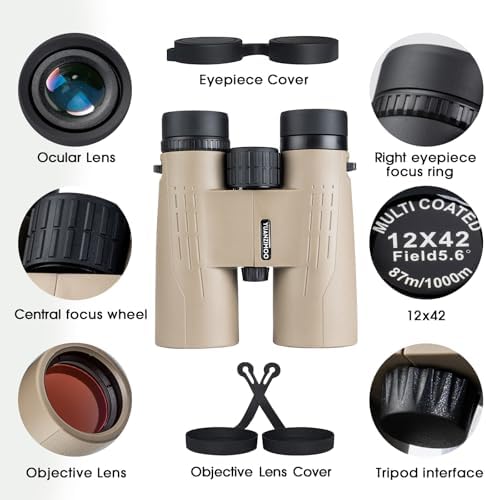 12x42 Binoculars for Adults High Powered Binoculars Waterproof Compact Binoculars with Low Light Night Vision for Hunting Outdoor Sports Concerts Bird Watching Black